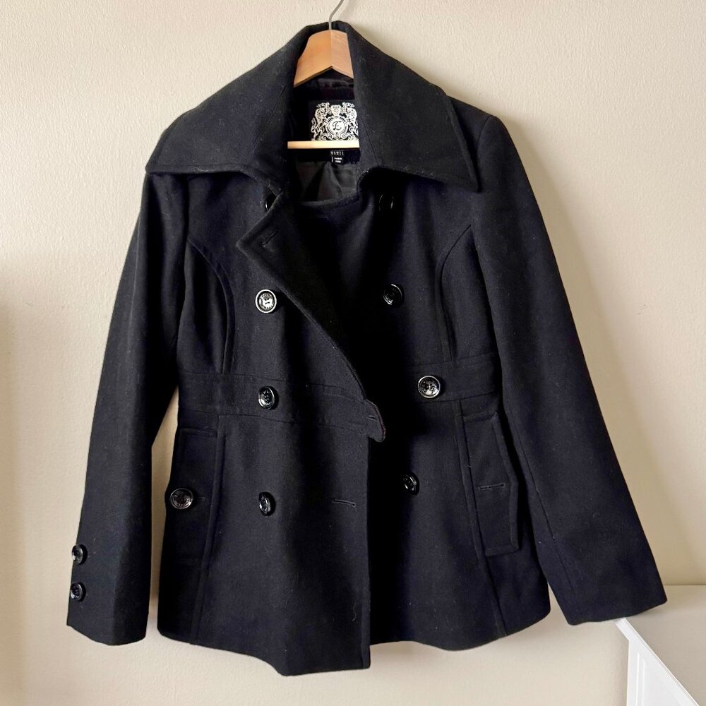 ESPRIT BLACK DOUBLE-BREASTED WOOL BLEND FITTED PEACOAT - SIZE M